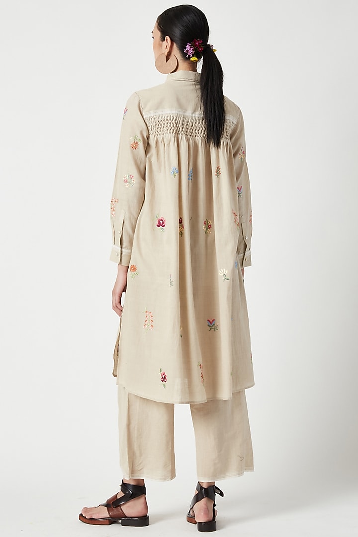 Beige Cotton Khadi Embroidered Tunic Set by Payal Pratap at Pernia's Pop Up Shop