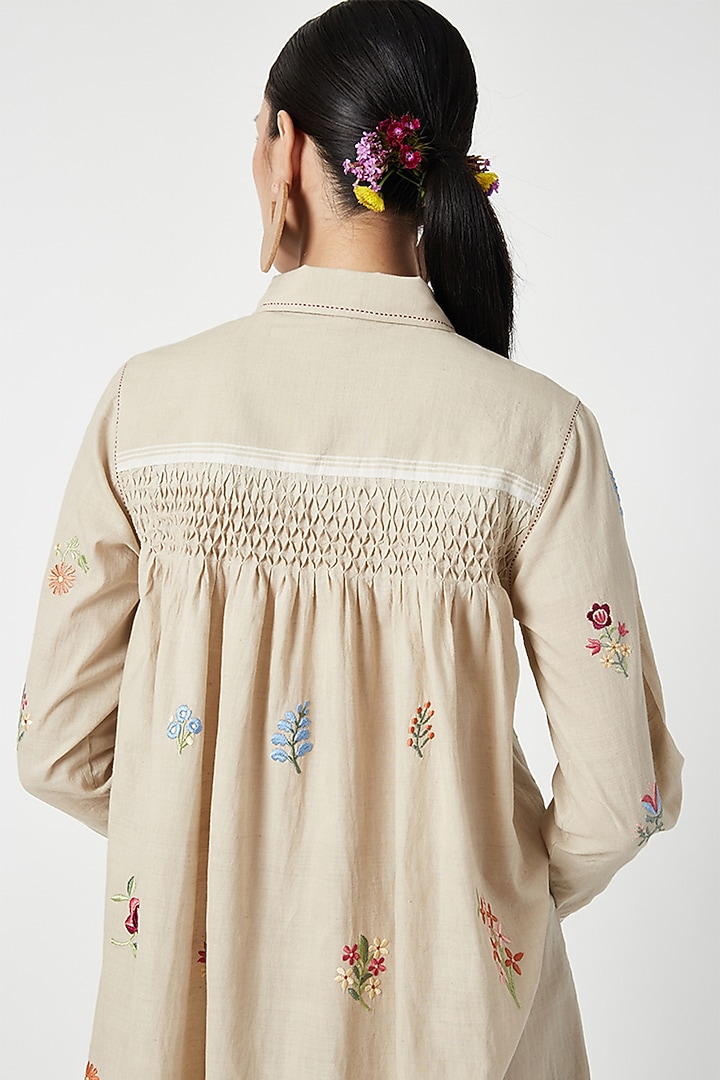 Beige Cotton Khadi Embroidered Tunic Set by Payal Pratap at Pernia's Pop Up Shop