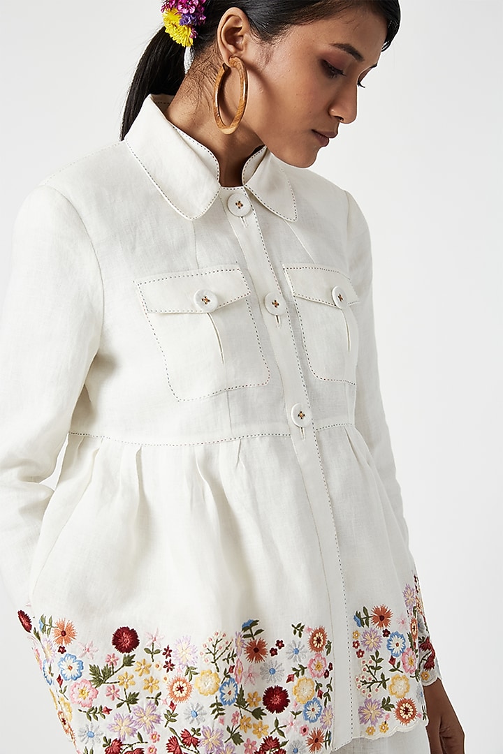 Ecru Cotton Floral Embroidered Jacket by Payal Pratap at Pernia's Pop Up Shop