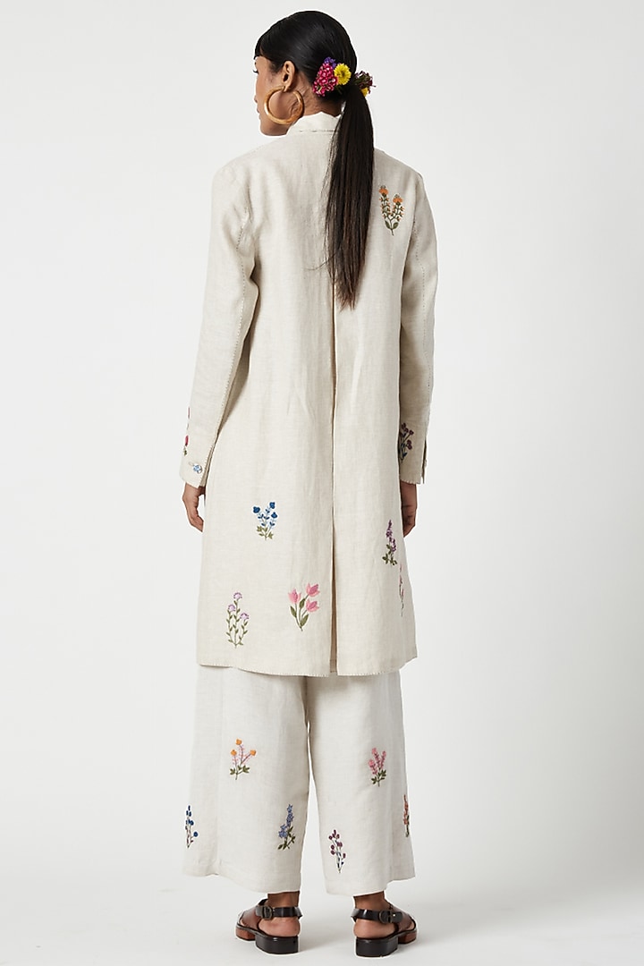 Beige Handwoven Linen Floral Embroidered Jacket by Payal Pratap at Pernia's Pop Up Shop