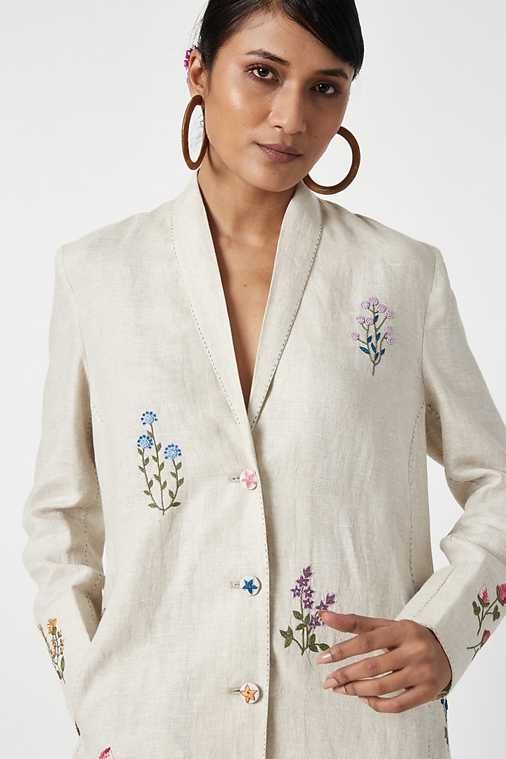 Beige Handwoven Linen Floral Embroidered Jacket by Payal Pratap at Pernia's Pop Up Shop