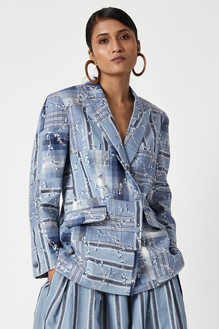 Blue Cotton Linen Embroidered Jacket by Payal Pratap at Pernia's Pop Up Shop