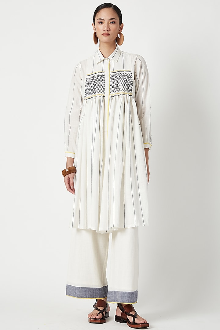 Ecru Cotton Striped Tunic by Payal Pratap at Pernia's Pop Up Shop