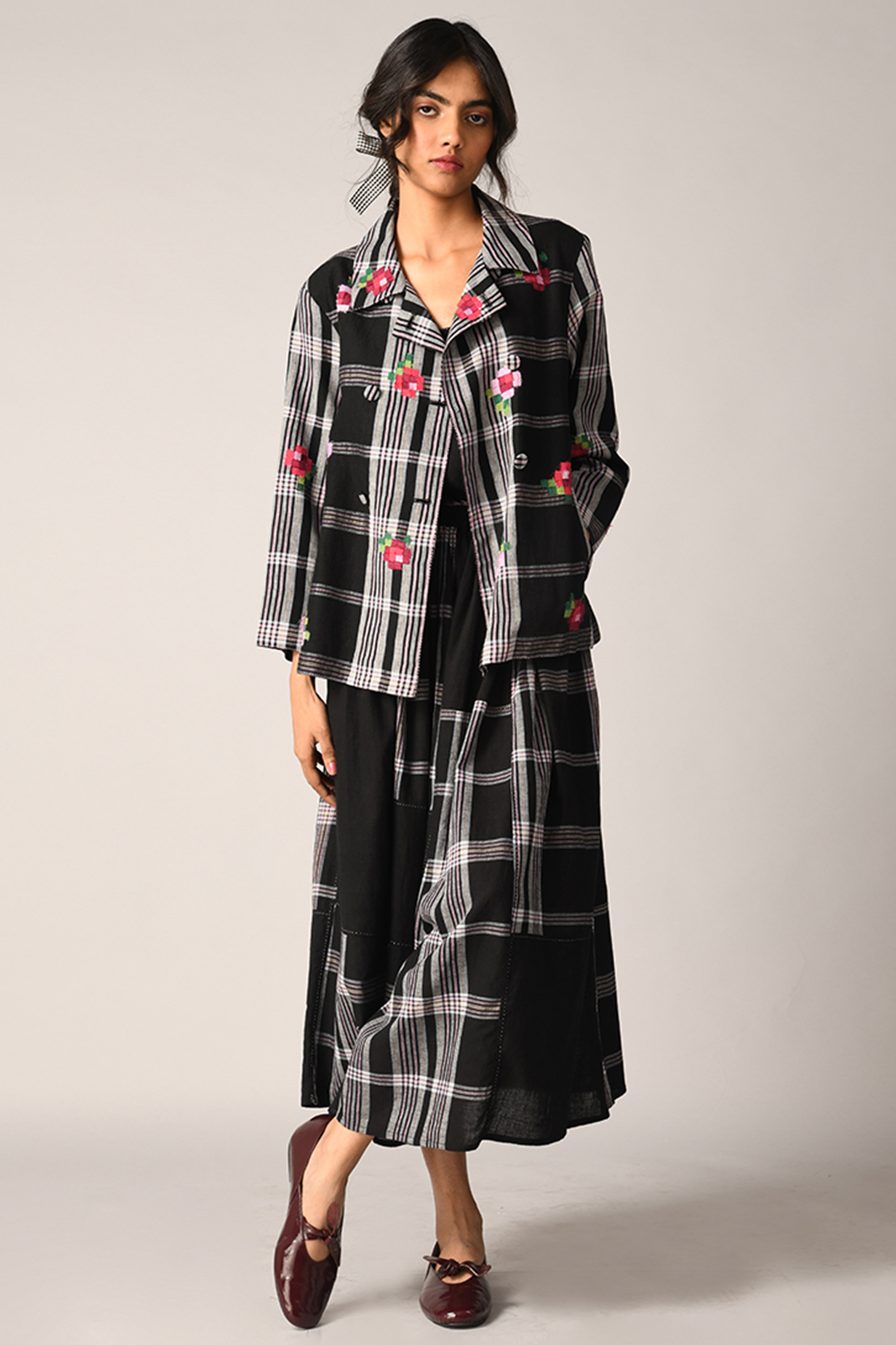 Black Handloom Linen Checkered Jacket by Payal Pratap at Pernia's Pop Up Shop