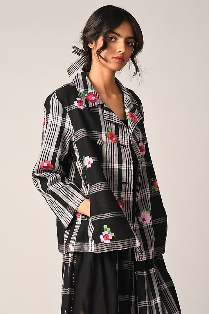 Black Handloom Linen Checkered Jacket by Payal Pratap at Pernia's Pop Up Shop