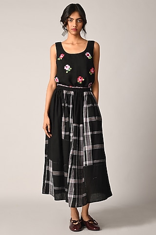 Black Handloom Cotton Checkered Skirt by Payal Pratap