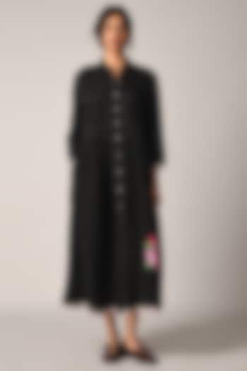 Black Handloom Linen Rose Applique Embroidered Maxi Cocktail Dress by Payal Pratap at Pernia's Pop Up Shop