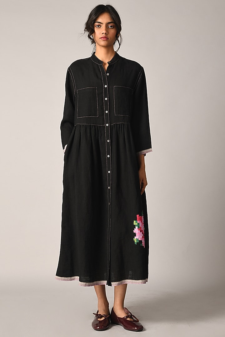 Black Handloom Linen Rose Applique Embroidered Maxi Cocktail Dress by Payal Pratap at Pernia's Pop Up Shop