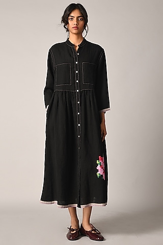 Black Handloom Linen Rose Applique Embroidered Maxi Dress by Payal Pratap