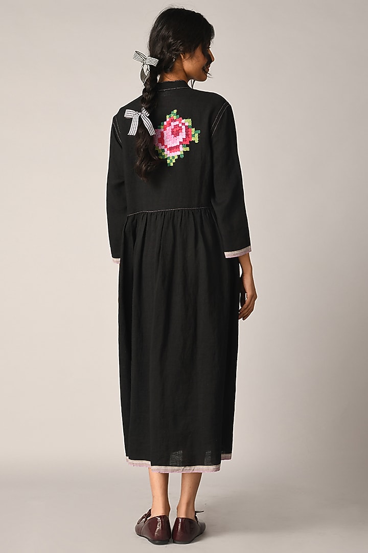 Black Handloom Linen Rose Applique Embroidered Maxi Cocktail Dress by Payal Pratap at Pernia's Pop Up Shop