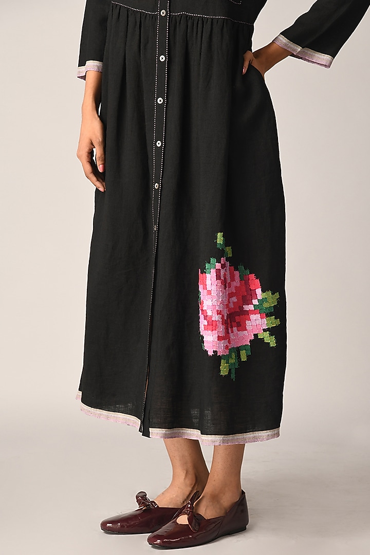 Black Handloom Linen Rose Applique Embroidered Maxi Cocktail Dress by Payal Pratap at Pernia's Pop Up Shop