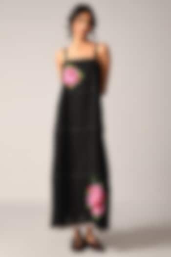 Black Handloom Linen Rose Applique Embroidered Strappy Vacation Dress by Payal Pratap at Pernia's Pop Up Shop