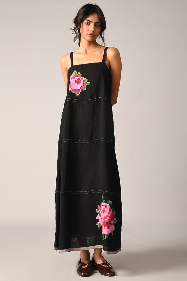 Black Handloom Linen Rose Applique Embroidered Strappy Vacation Dress by Payal Pratap at Pernia's Pop Up Shop