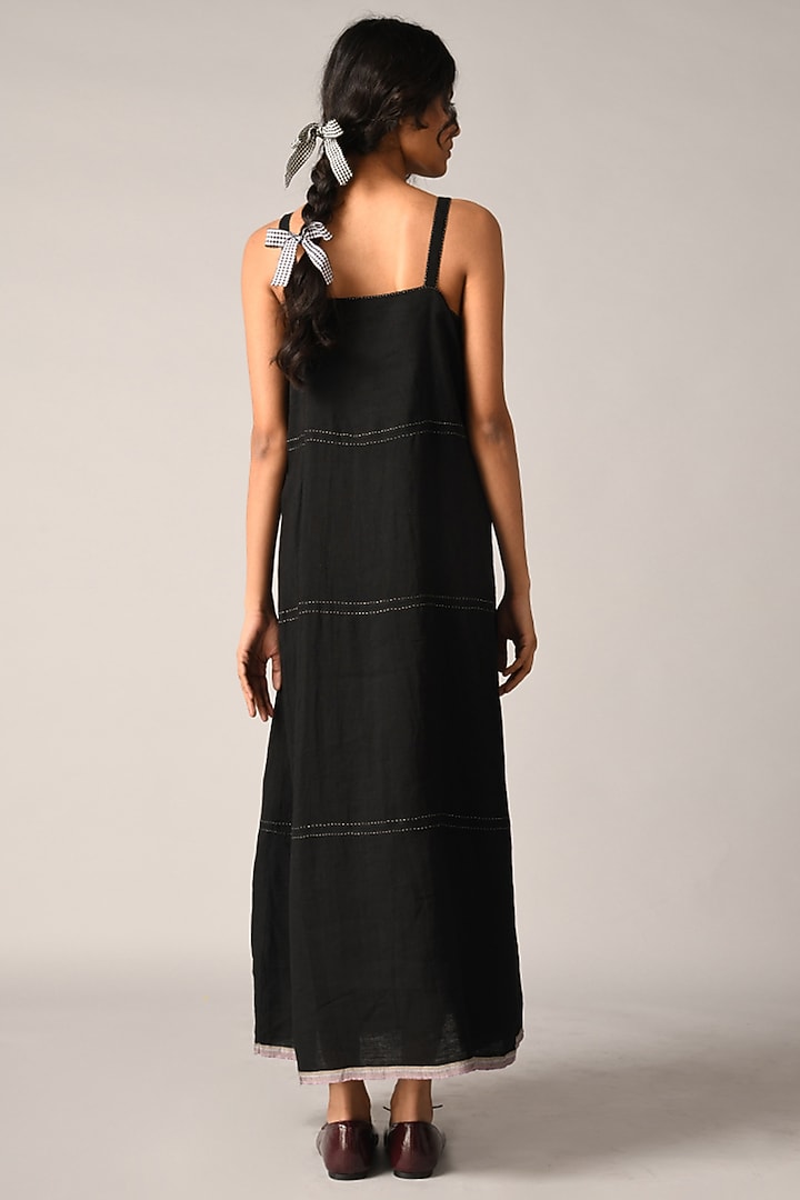 Black Handloom Linen Rose Applique Embroidered Strappy Vacation Dress by Payal Pratap at Pernia's Pop Up Shop