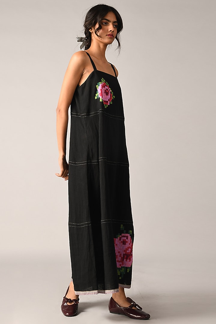Black Handloom Linen Rose Applique Embroidered Strappy Vacation Dress by Payal Pratap at Pernia's Pop Up Shop