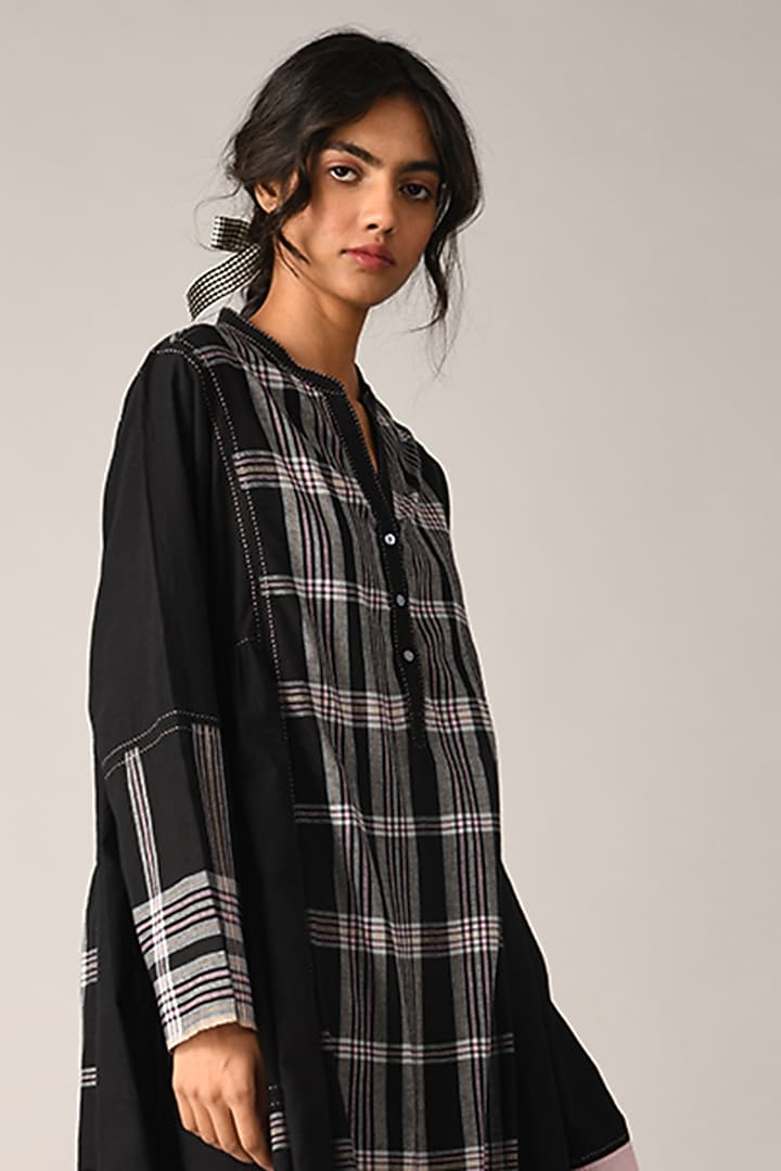 Black Handloom Cotton Checkered Tunic Vacation Dress by Payal Pratap at Pernia's Pop Up Shop