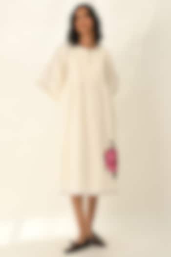 Ivory Handloom Cotton Rose Applique Embroidered Knee-Length Vacation Dress by Payal Pratap at Pernia's Pop Up Shop