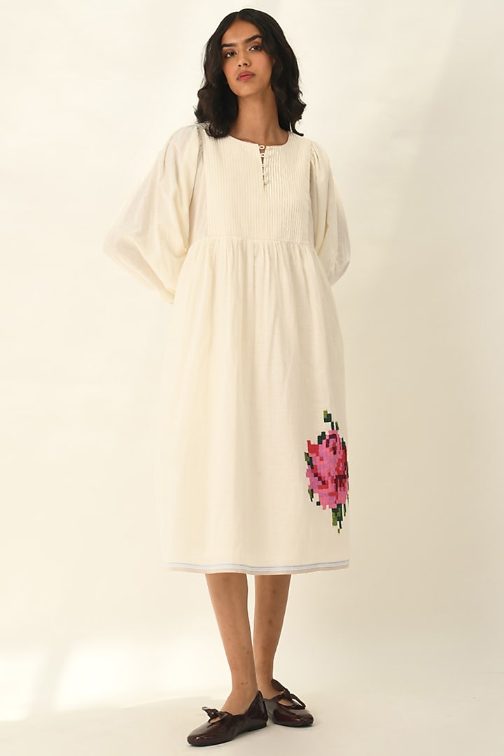 Ivory Handloom Cotton Rose Applique Embroidered Knee-Length Vacation Dress by Payal Pratap at Pernia's Pop Up Shop