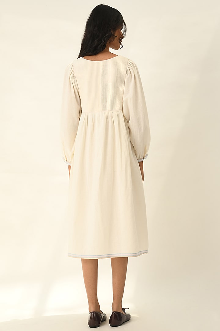 Ivory Handloom Cotton Rose Applique Embroidered Knee-Length Vacation Dress by Payal Pratap at Pernia's Pop Up Shop
