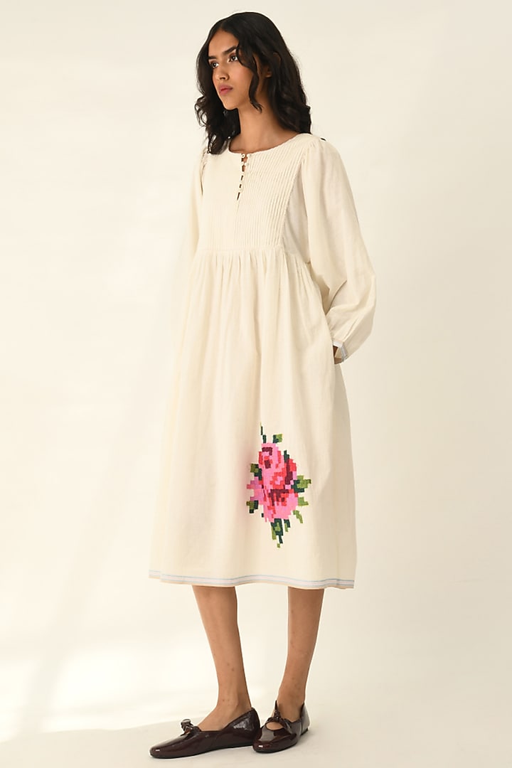 Ivory Handloom Cotton Rose Applique Embroidered Knee-Length Vacation Dress by Payal Pratap at Pernia's Pop Up Shop
