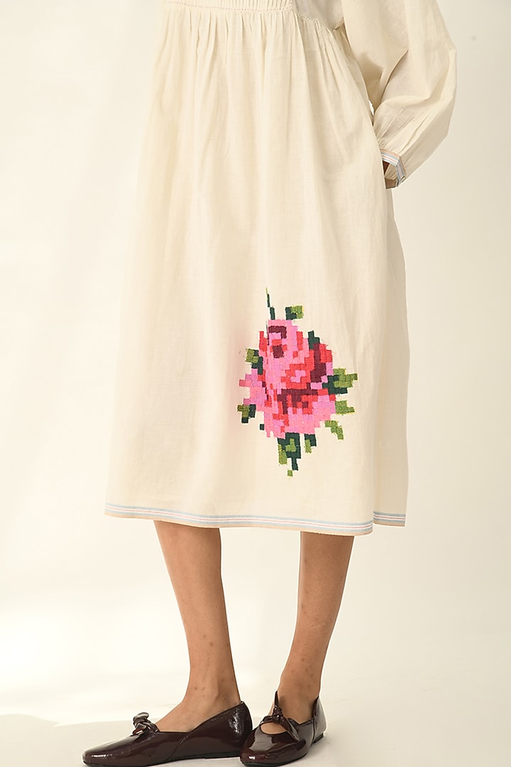 Ivory Handloom Cotton Rose Applique Embroidered Knee-Length Vacation Dress by Payal Pratap at Pernia's Pop Up Shop