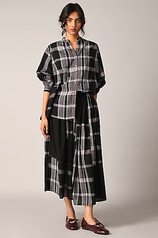 Black Handloom Cotton Oversized Checkered Shirt by Payal Pratap