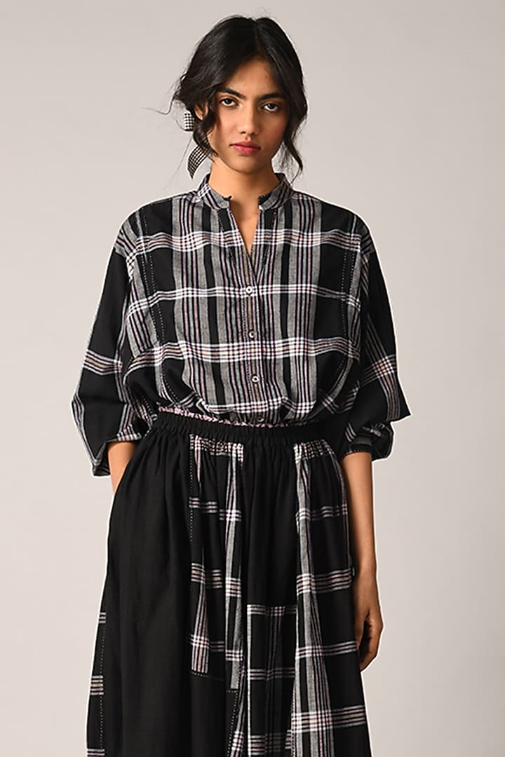 Black Handloom Cotton Oversized Checkered Shirt by Payal Pratap at Pernia's Pop Up Shop