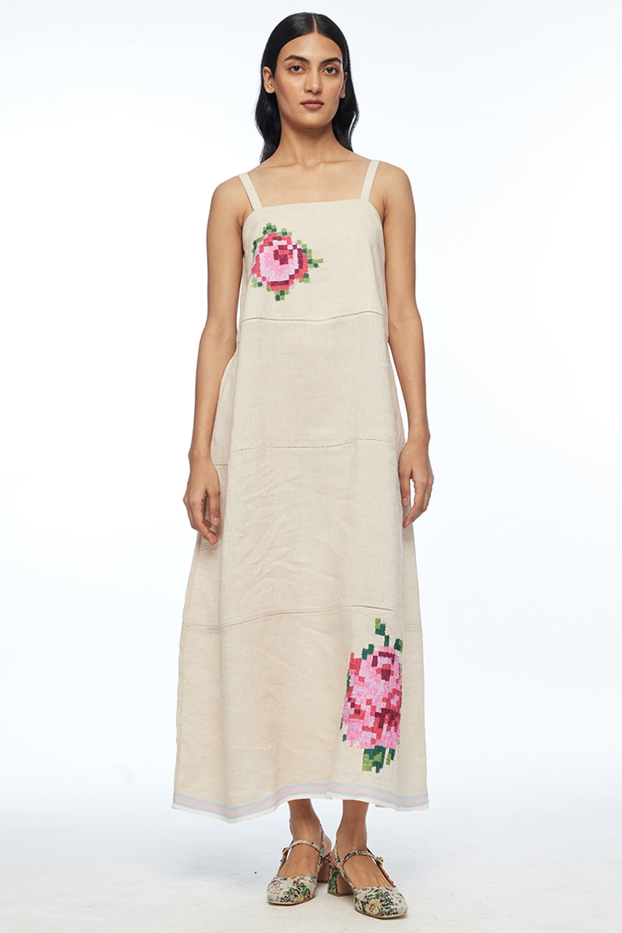 Pernia's Pop Up Shop - Payal Pratap Women Beige Handloom Linen Rose Applique Embroidered Strappy Dress Pernia's Pop Up Shop - Payal Pratap Women Beige Handloom Linen Rose Applique Embroidered Strappy Dress