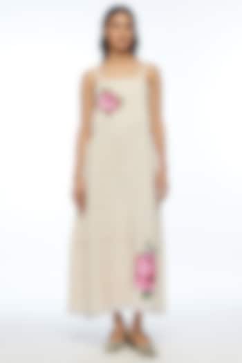 Beige Handloom Linen Rose Applique Embroidered Strappy Vacation Dress by Payal Pratap at Pernia's Pop Up Shop