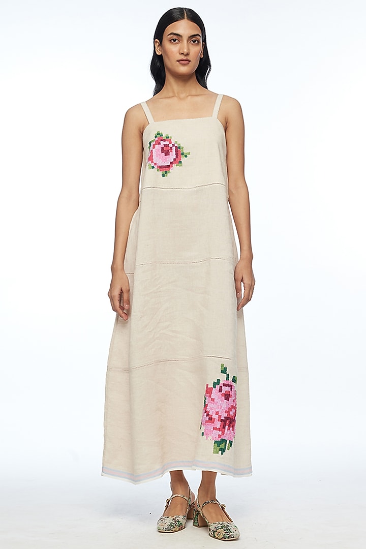 Beige Handloom Linen Rose Applique Embroidered Strappy Vacation Dress by Payal Pratap at Pernia's Pop Up Shop