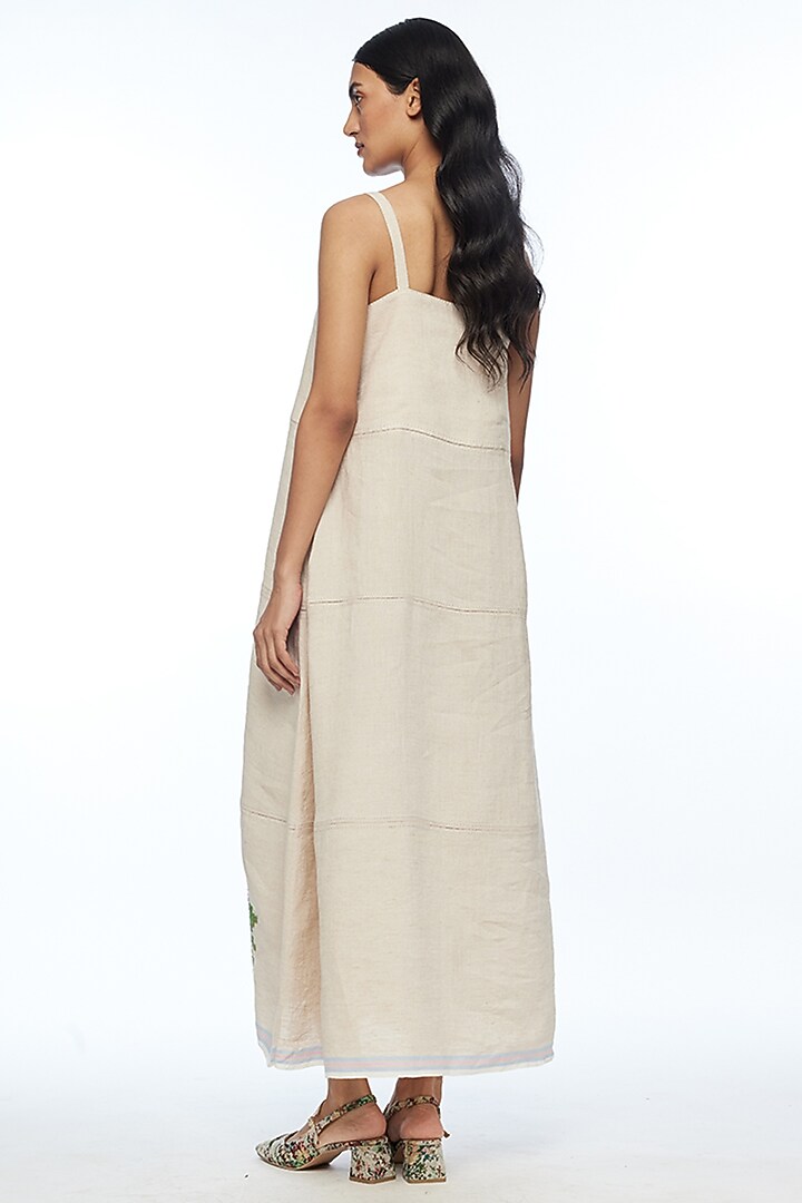 Beige Handloom Linen Rose Applique Embroidered Strappy Vacation Dress by Payal Pratap at Pernia's Pop Up Shop
