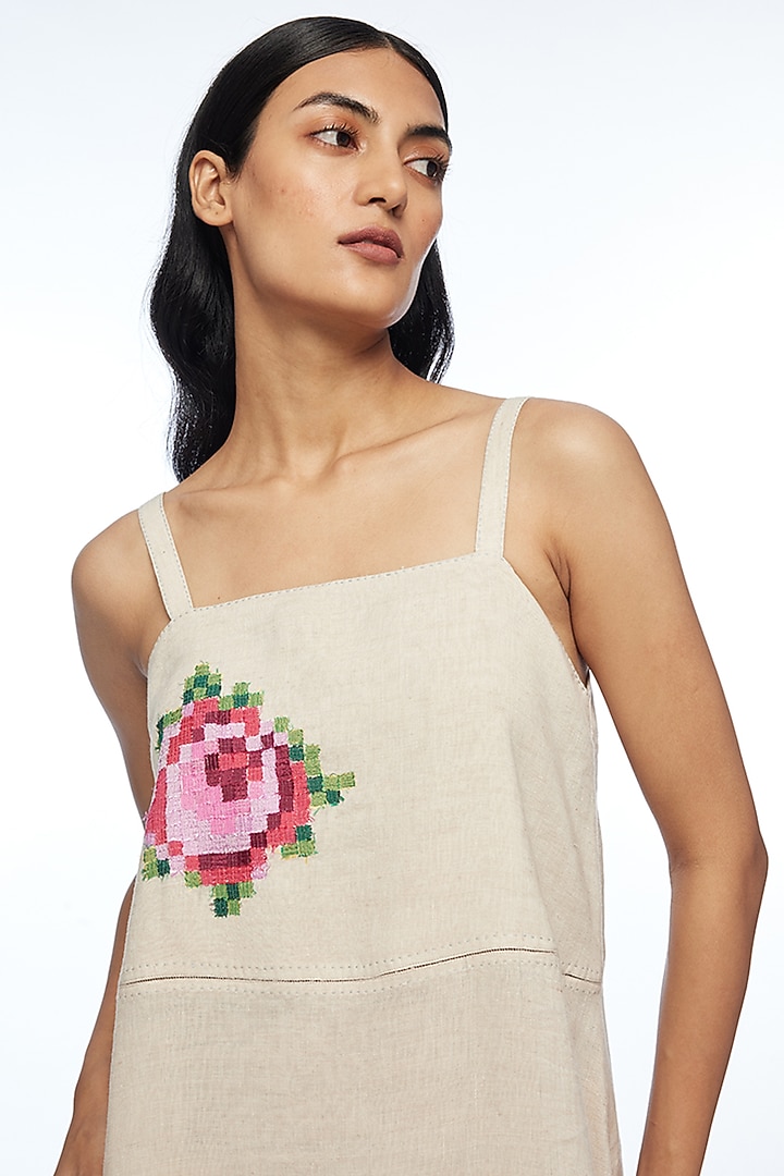 Beige Handloom Linen Rose Applique Embroidered Strappy Vacation Dress by Payal Pratap at Pernia's Pop Up Shop