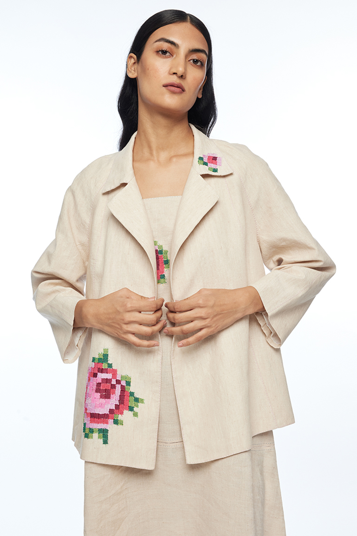 Beige Handloom Linen Rose Applique Embroidered Short Jacket by Payal Pratap at Pernia's Pop Up Shop