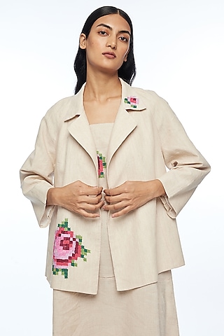 Beige Handloom Linen Rose Applique Embroidered Short Jacket by Payal Pratap