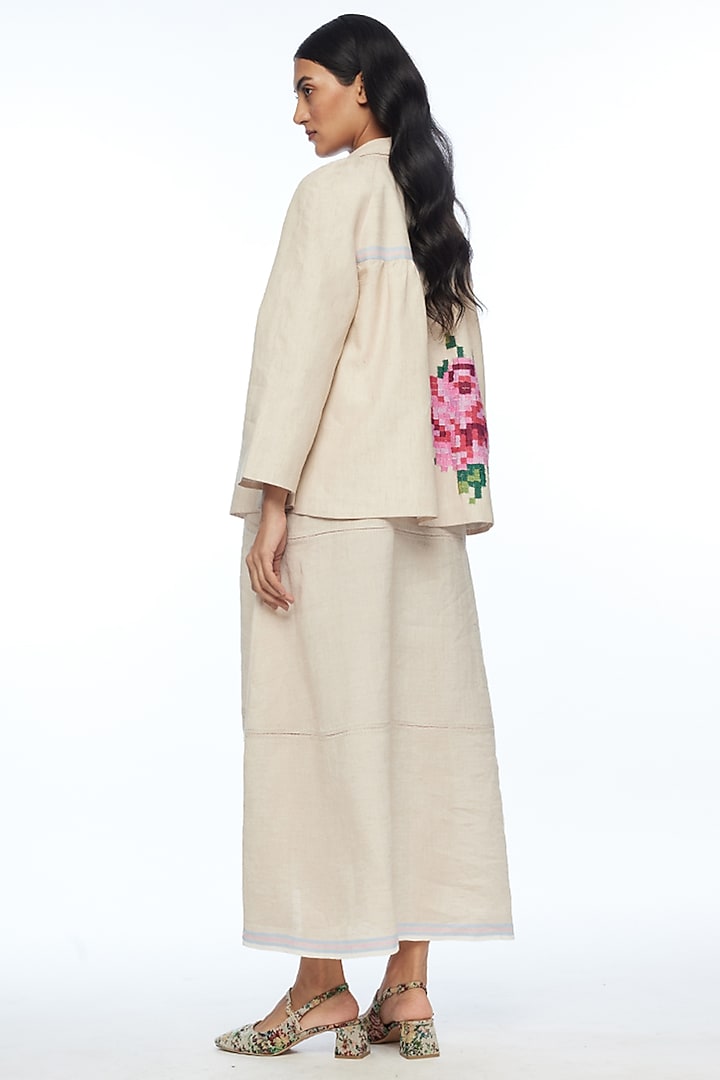 Beige Handloom Linen Rose Applique Embroidered Short Jacket by Payal Pratap at Pernia's Pop Up Shop