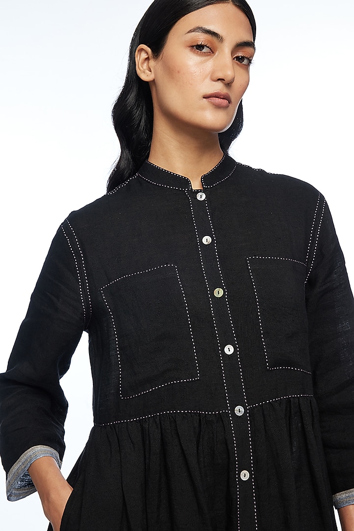 Black Handloom Linen Midi Vacation Dress by Payal Pratap at Pernia's Pop Up Shop