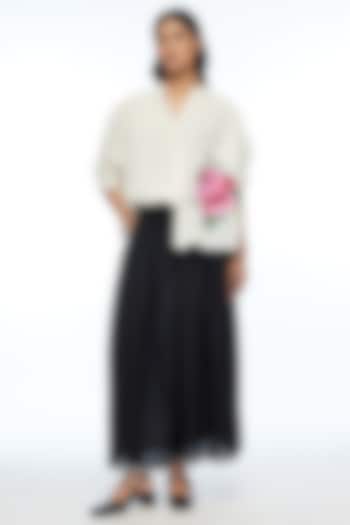 Ivory Handloom Cotton Rose Applique Embroidered Oversized Shirt by Payal Pratap at Pernia's Pop Up Shop