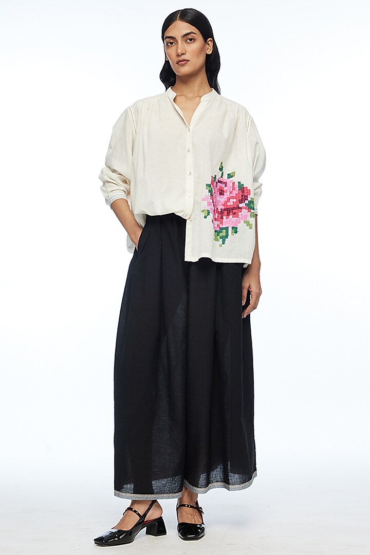 Ivory Handloom Cotton Rose Applique Embroidered Oversized Shirt by Payal Pratap at Pernia's Pop Up Shop