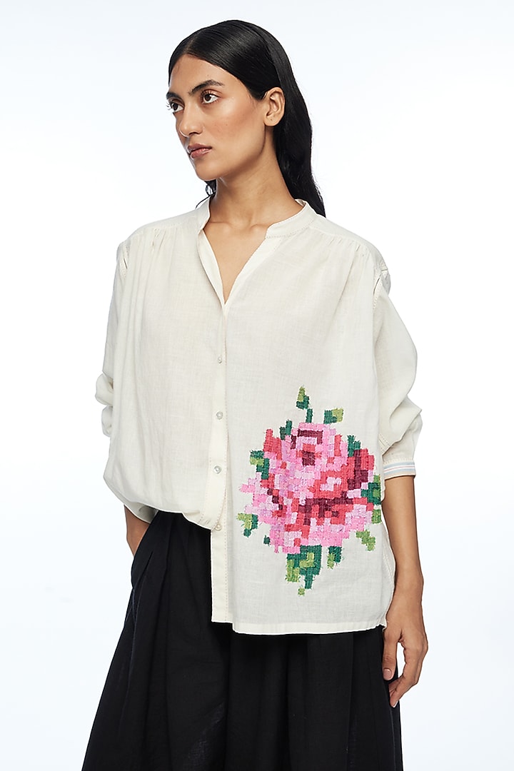 Ivory Handloom Cotton Rose Applique Embroidered Oversized Shirt by Payal Pratap at Pernia's Pop Up Shop