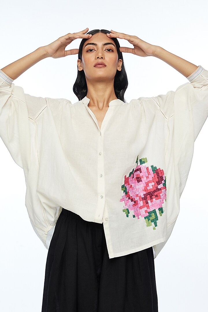 Ivory Handloom Cotton Rose Applique Embroidered Oversized Shirt by Payal Pratap at Pernia's Pop Up Shop