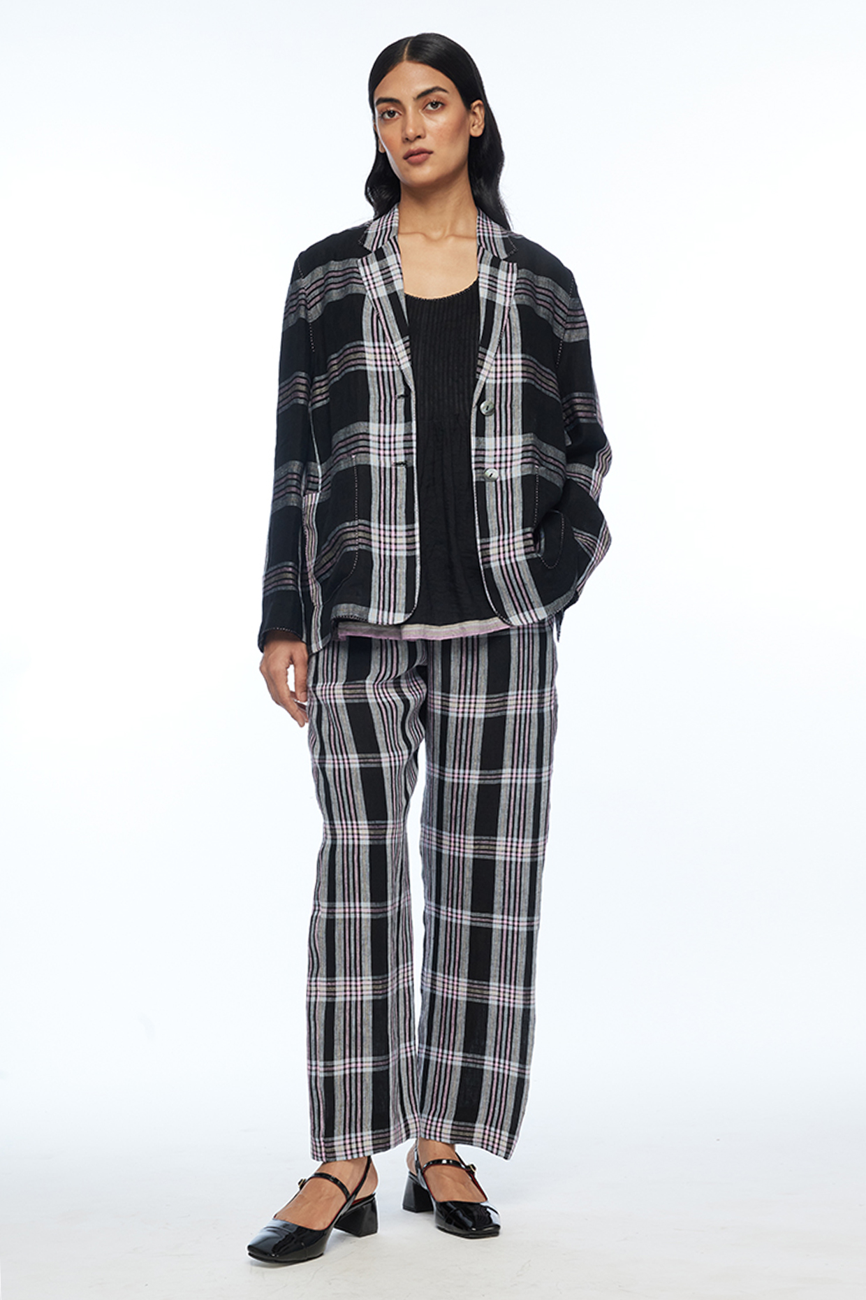 Black Handloom Linen Checkered Short Jacket by Payal Pratap at Pernia's Pop Up Shop