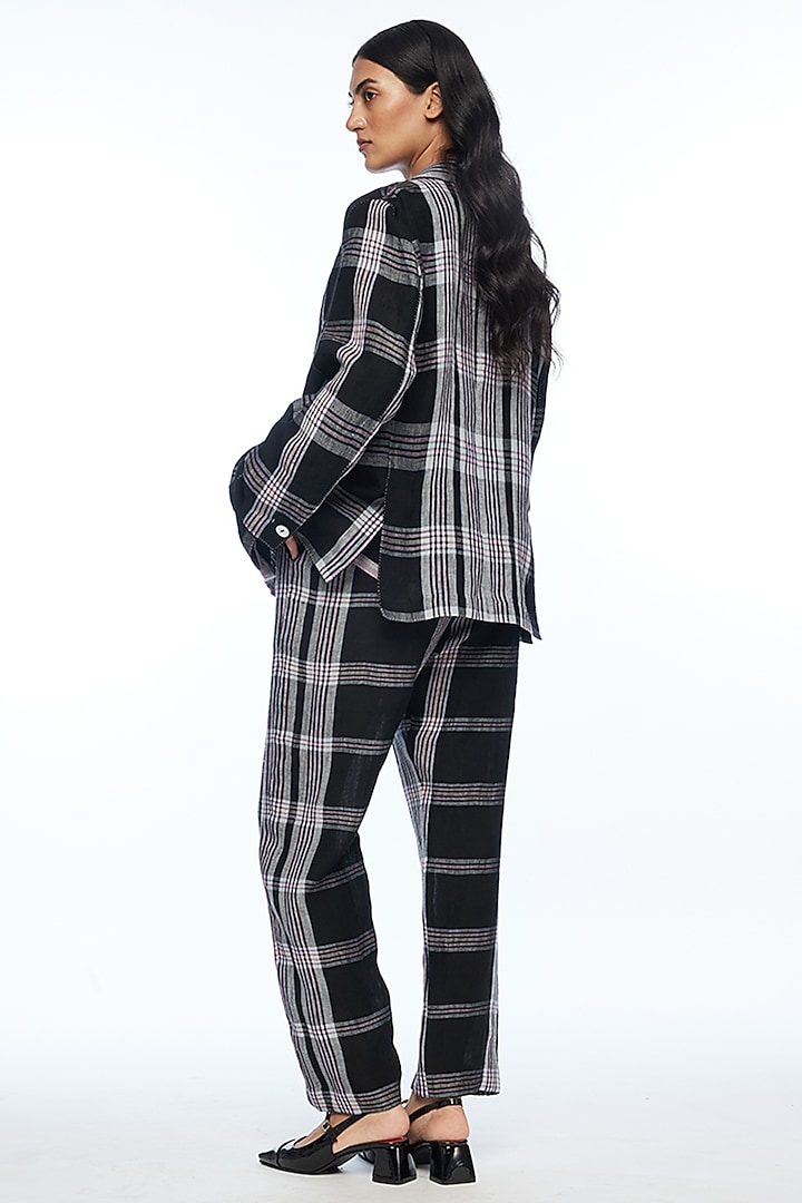Black Handloom Linen Checkered Short Jacket by Payal Pratap at Pernia's Pop Up Shop