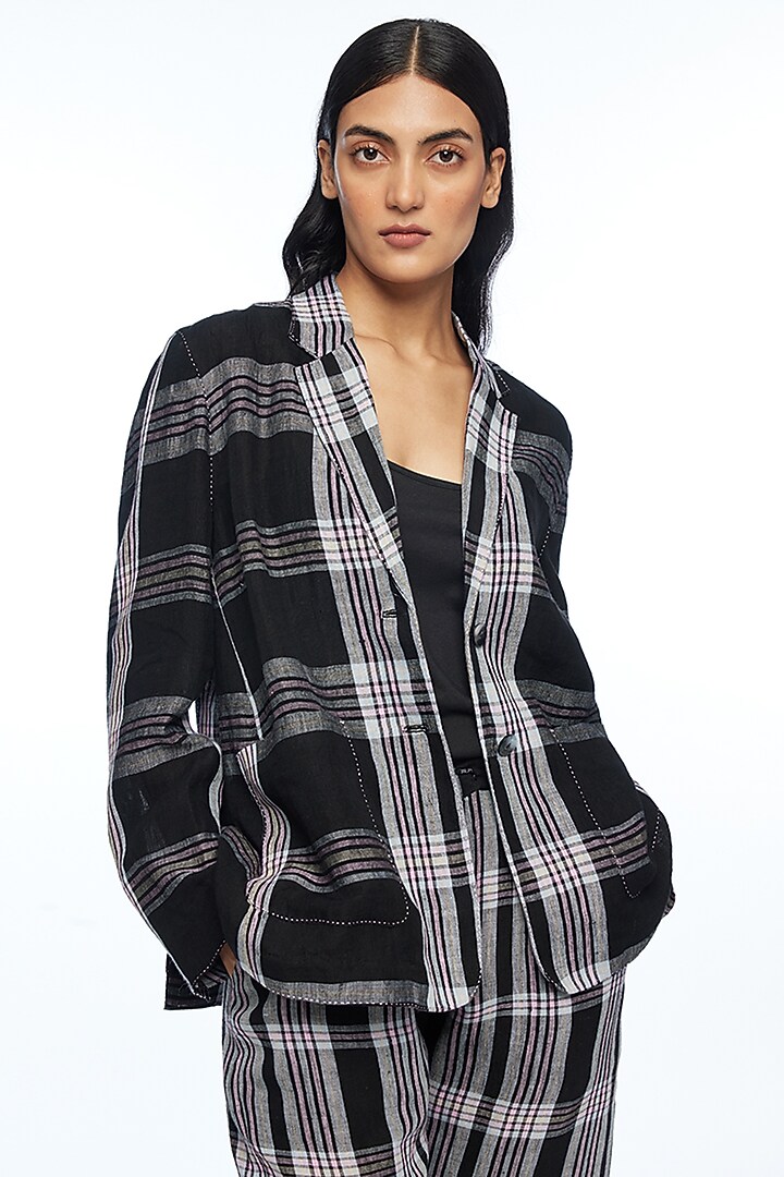Black Handloom Linen Checkered Short Jacket by Payal Pratap at Pernia's Pop Up Shop