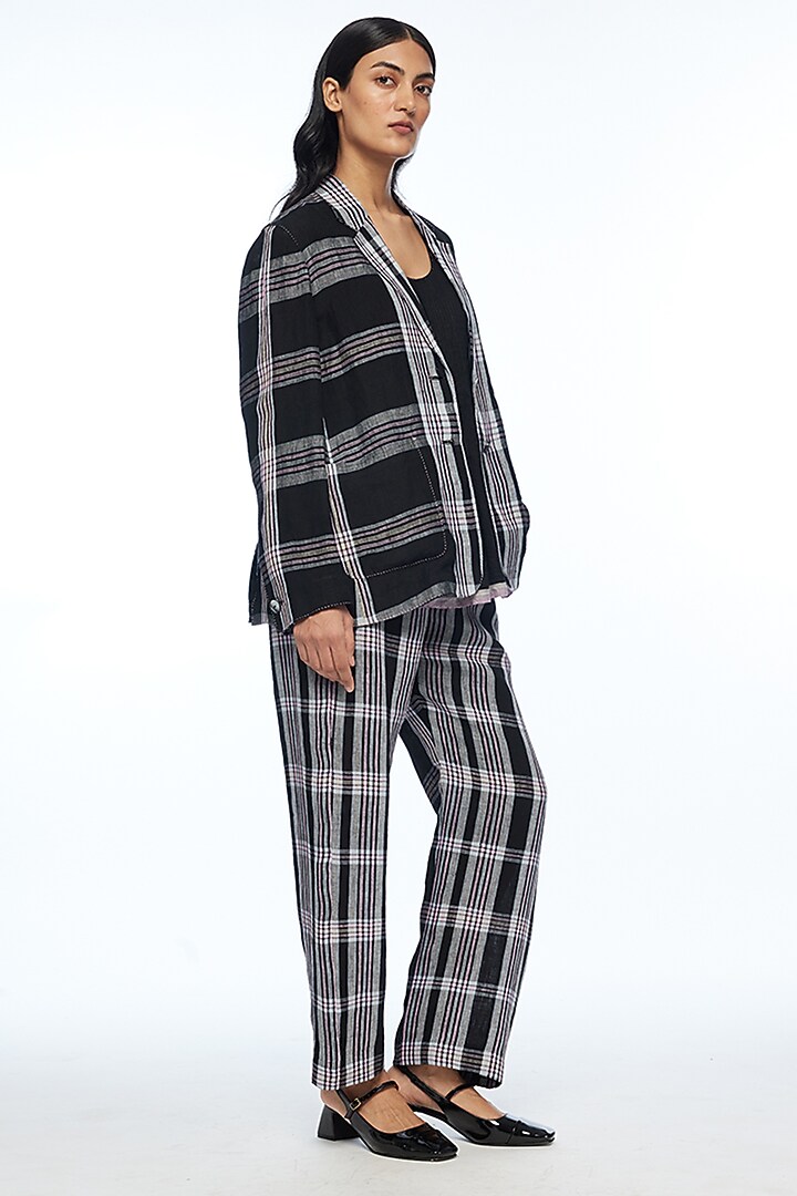 Black Handloom Linen Checkered Short Jacket by Payal Pratap at Pernia's Pop Up Shop