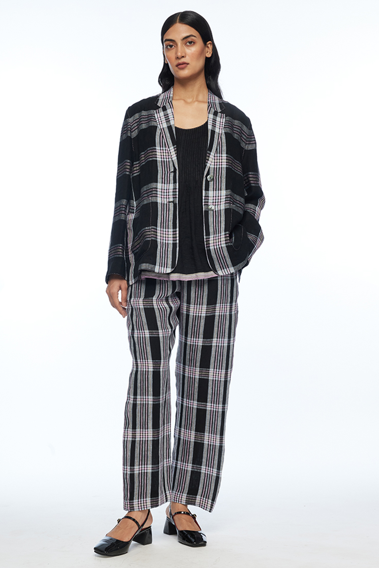 Black Handloom Linen Checkered Straight Pants by Payal Pratap at Pernia's Pop Up Shop