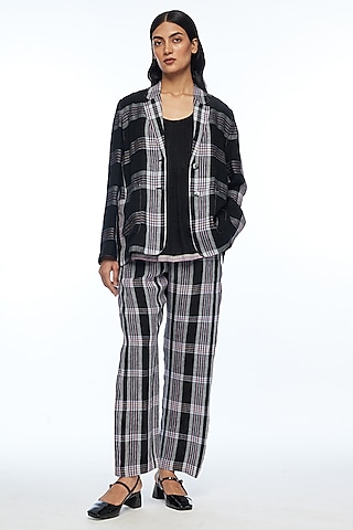 Black Handloom Linen Checkered Straight Pants by Payal Pratap