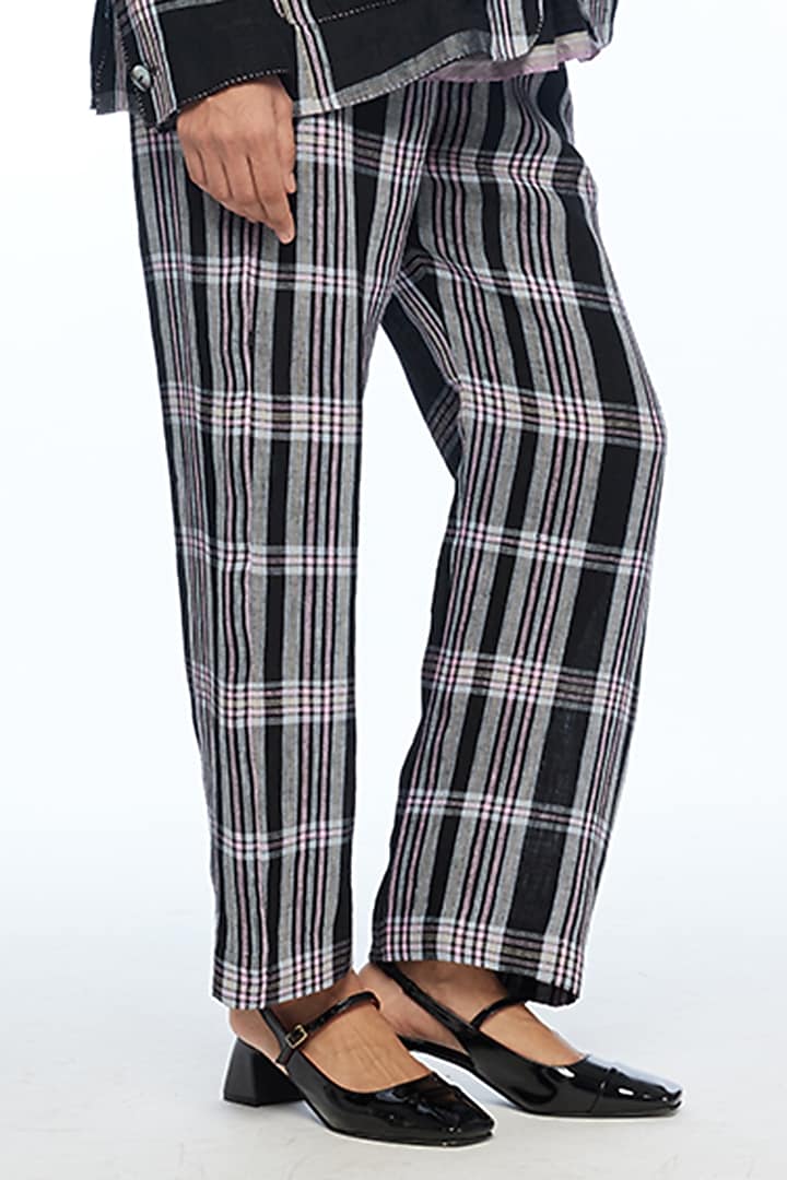 Black Handloom Linen Checkered Straight Pants by Payal Pratap at Pernia's Pop Up Shop