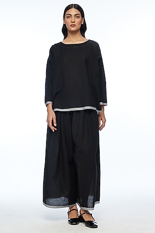 Black Handloom Cotton Wide-Leg Pants by Payal Pratap