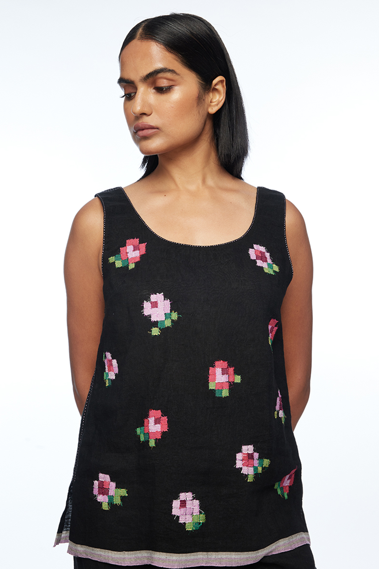 Black Handloom Linen Rose Applique Embroidered Camisole Top by Payal Pratap at Pernia's Pop Up Shop
