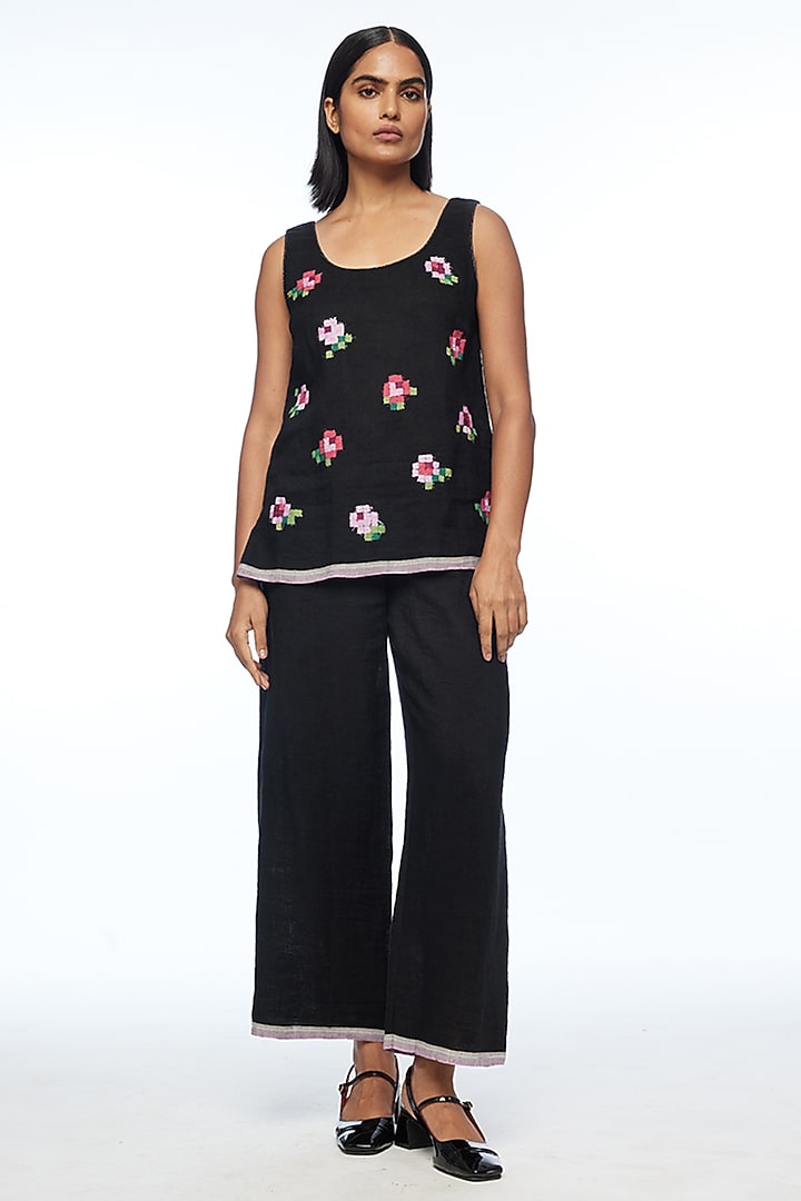 Black Handloom Linen Rose Applique Embroidered Camisole Top by Payal Pratap at Pernia's Pop Up Shop